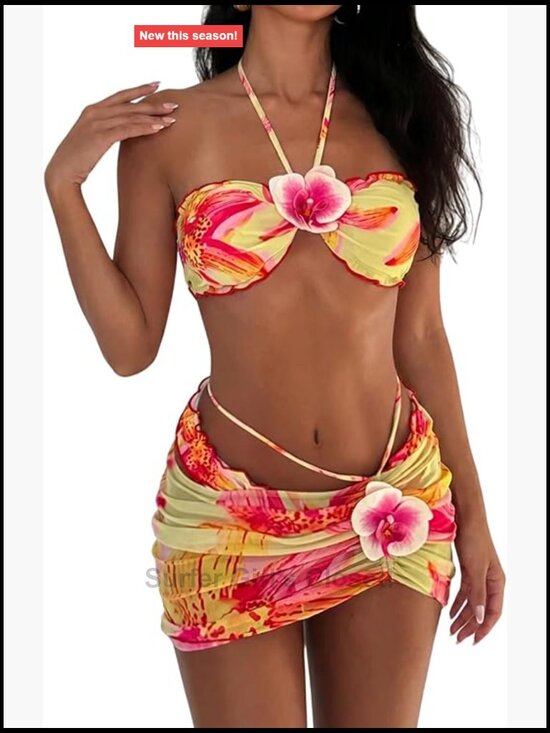 Other - Floral Halter Triangle Bikini Set with Mesh Cover Up Skirt Summer Beach Swimwear